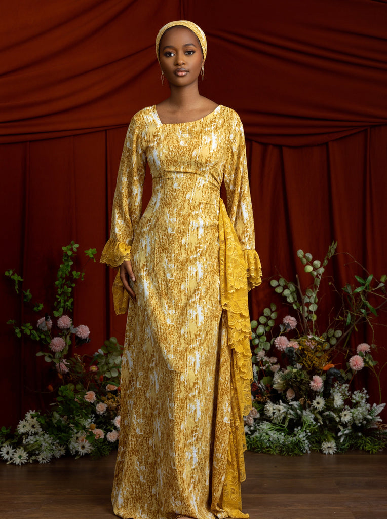 Zahra, Chantilly Lace Maxi Dress in mustard