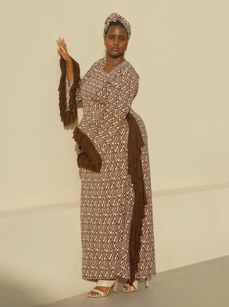 Zahra, Chantilly Lace Maxi Dress in coffee brown